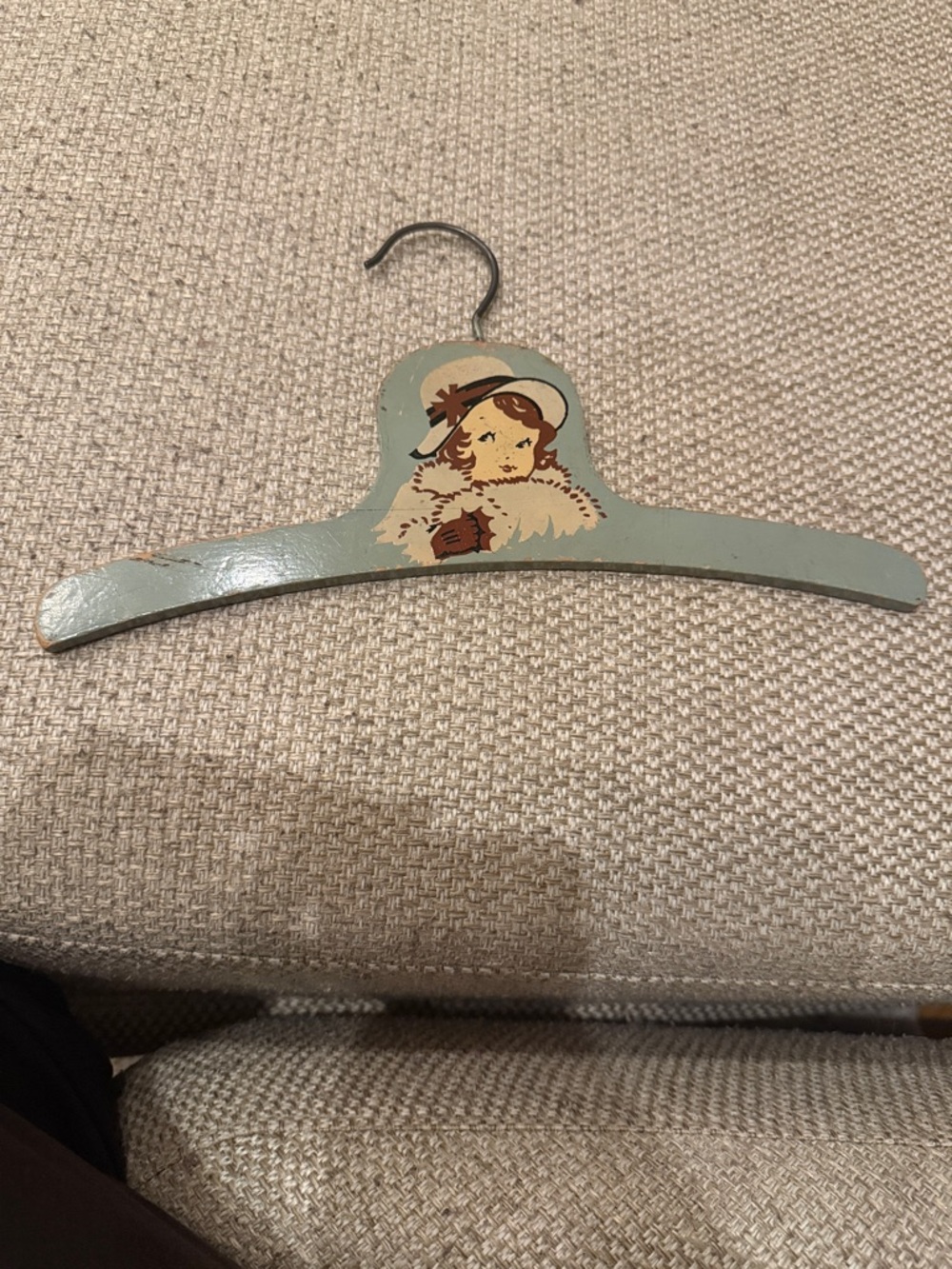 Vintage Decorative Wooden Child's Hanger in Light Teal with Girl Illustration